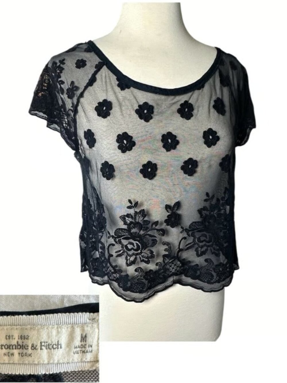 Vintage Y2K Abercrombie & Fitch Sheer Lace Floral Top Coquette Fairycore Medium - Picture 4 of 4